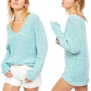 Free People Bright Lights Sweater Oversized Pullover Blue-Green